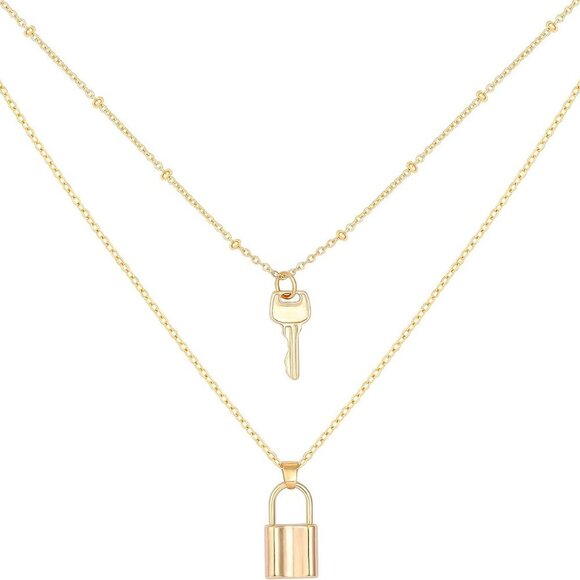 Dainty 18k Gold Layered Statement Choker Necklaces for Women Tiny Cute Lock Key - Picture 1 of 7